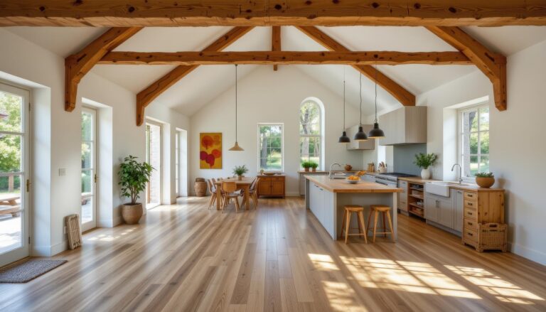 a bright interior with reclaimed oak floors, exposed beams, and a simple open modern plan.