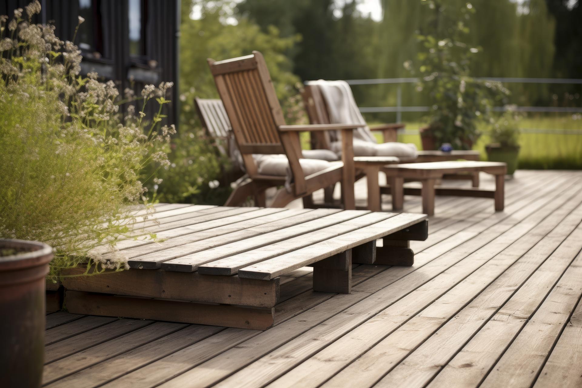 Veranda wooden chairs table. Generate Ai