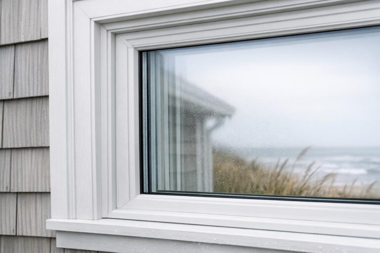 Close-up stock photo of a modern, well-sealed window installed in Cape Cod style siding, highlighting energy-efficient features and weatherproofing, with hints of coastal landscape in the background.