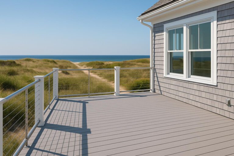 Stock photo of a modern coastal home deck with weather-resistant materials, stainless steel railings, and Cape Cod landscape in the background.