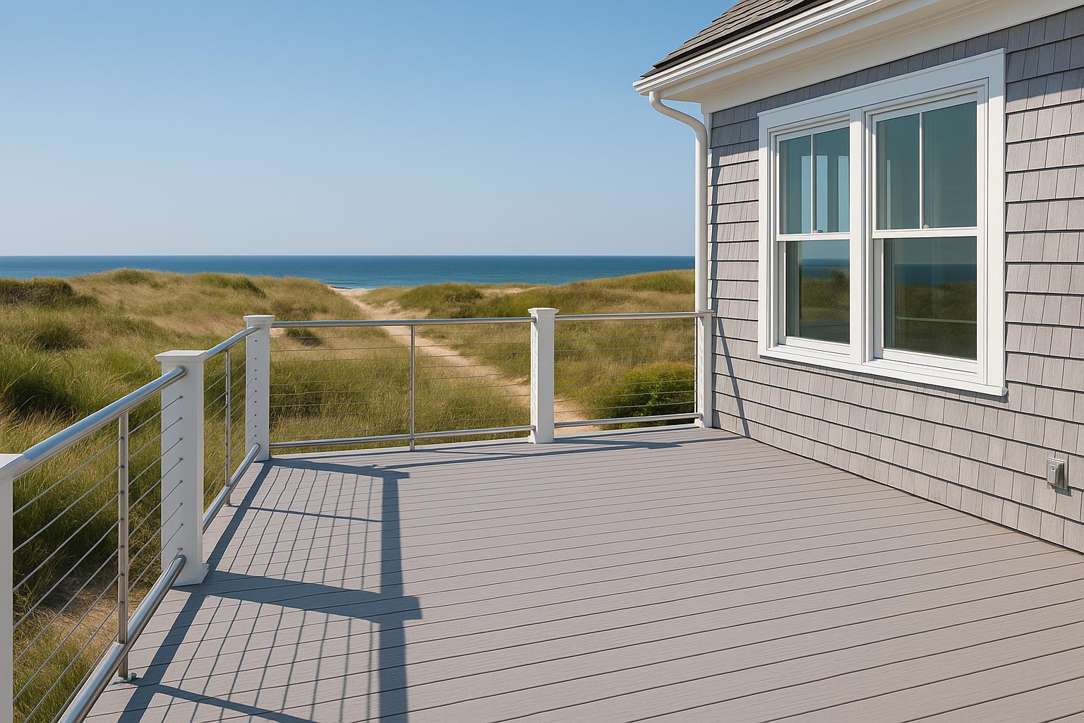 Stock photo of a modern coastal home deck with weather-resistant materials, stainless steel railings, and Cape Cod landscape in the background.