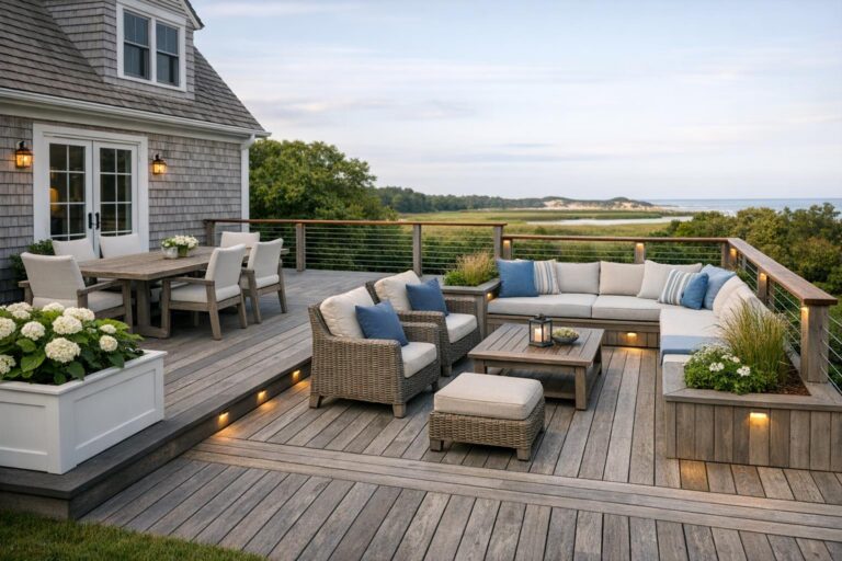 Stock photo of a Cape Cod-style deck with zoned areas, cable railings, and muted coastal colors attached to a traditional Barnstable home, viewed in soft daylight.
