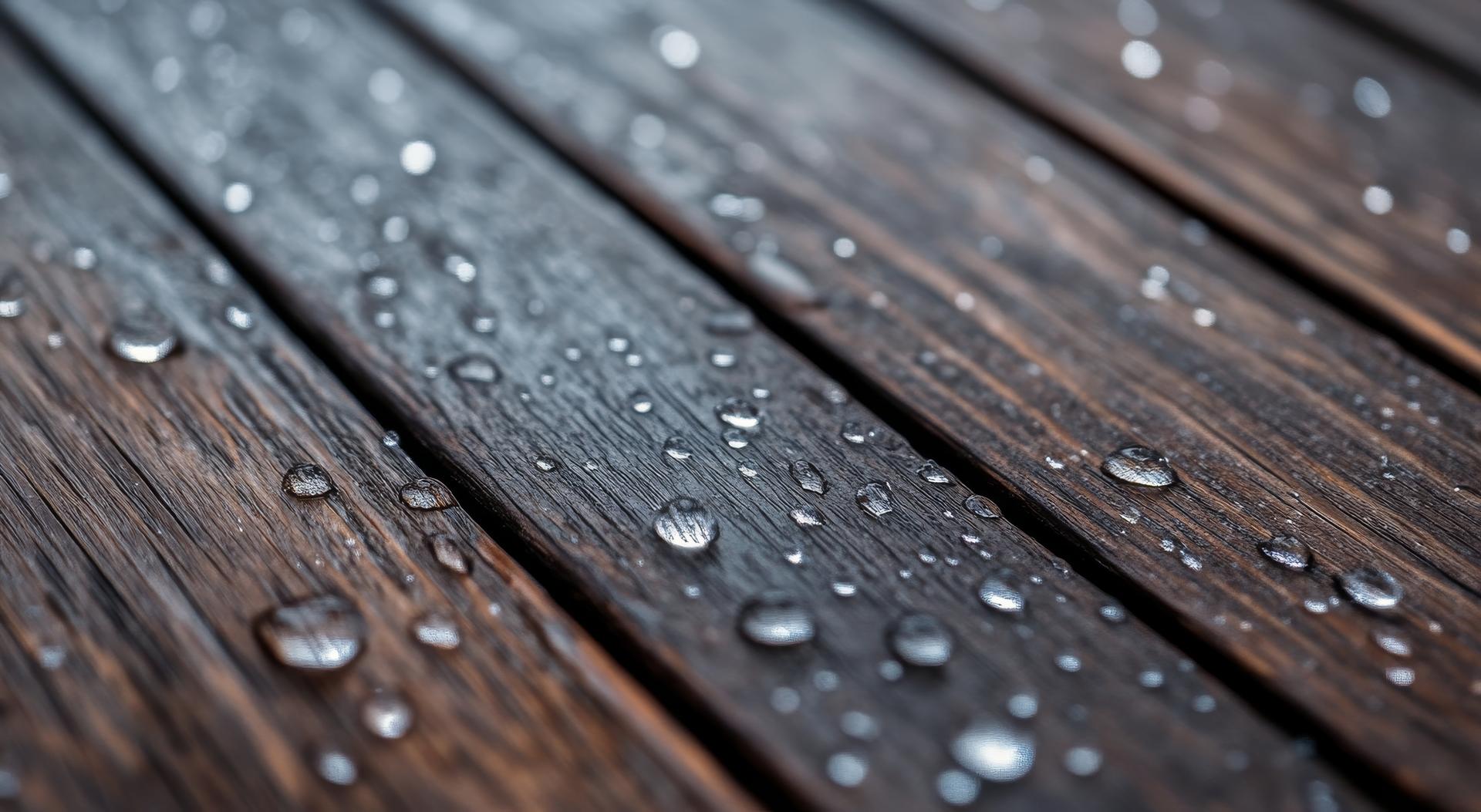 Rain droplets on wooden surface photographed in a close-up during overcast weather