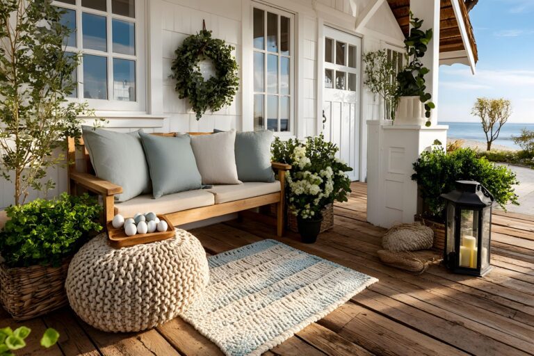 Charming Coastal Porch Decor with Wooden Bench and Ocean View for Summer Relaxation