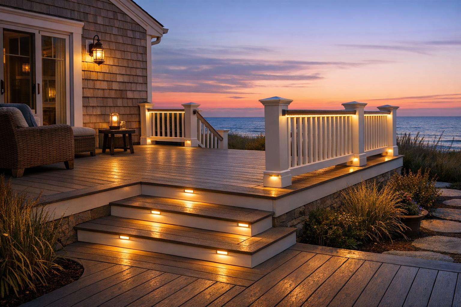 Softly lit Cape Cod-style deck at sunset, showing layered deck lighting and durable coastal fixtures for outdoor safety and ambiance.