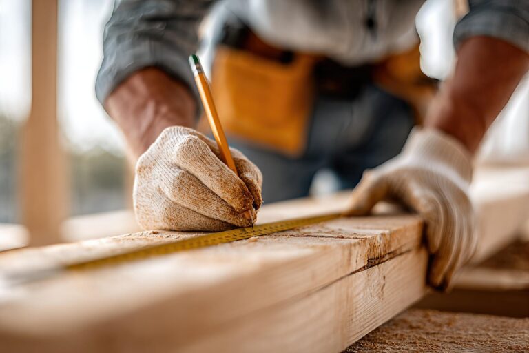 A person is working on a wooden plank with a ruler