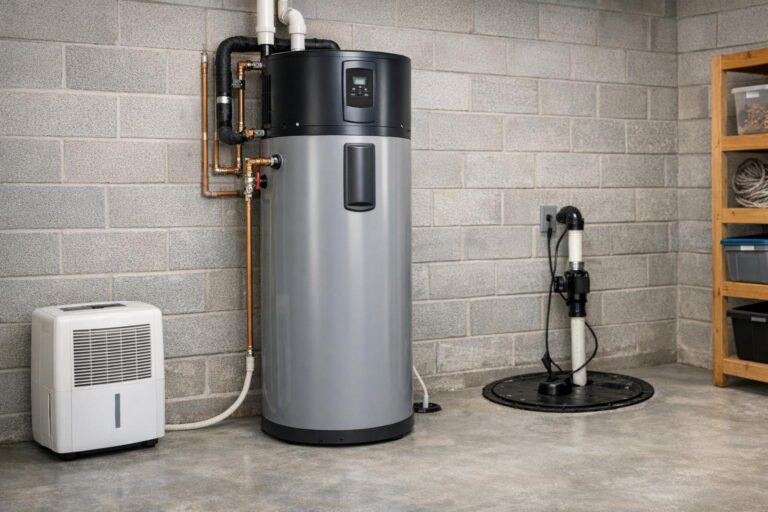 Modern heat pump water heater installed in a clean Cape Cod basement utility room, illustrating practical home energy efficiency upgrades without people visible.