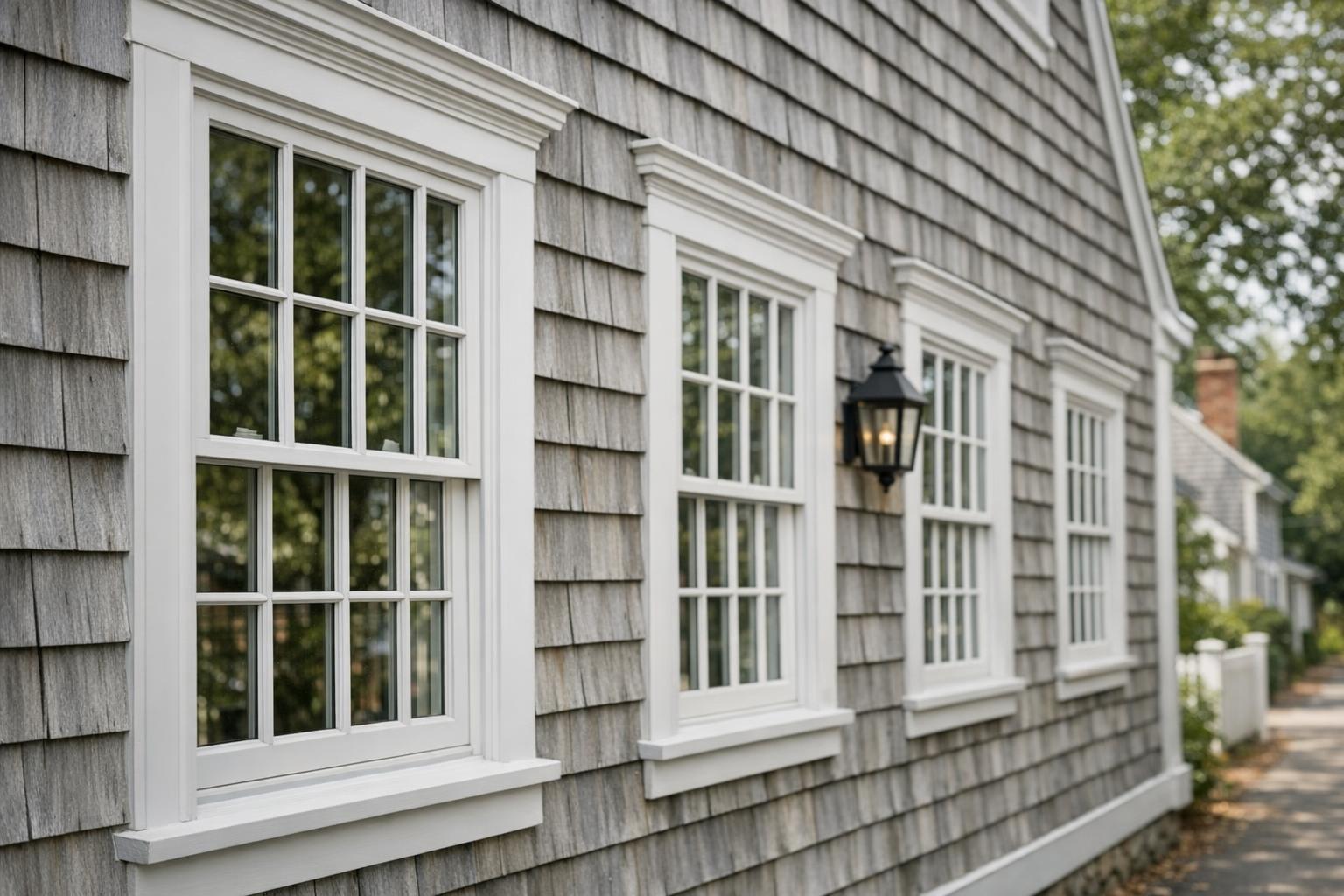 Stock photo of traditional Cape Cod windows on a historic home exterior in Barnstable, Massachusetts, showing accurate grille patterns and trim detail with no people visible.