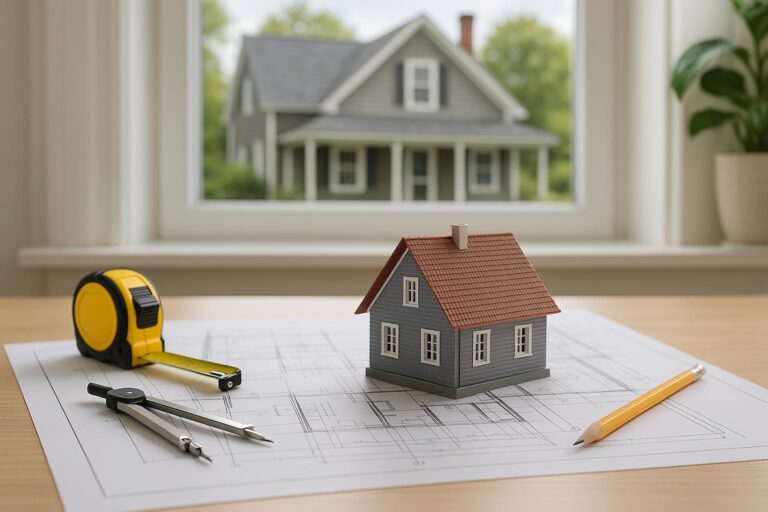 Professional stock photo of architectural blueprints, a small house model, and home improvement tools on a table, with a Cape Cod style home exterior visible through a window, representing planning a home addition in Brewster, MA.