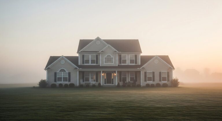 Cape Cod Suburban House Facade misty morning in open field clean editorial