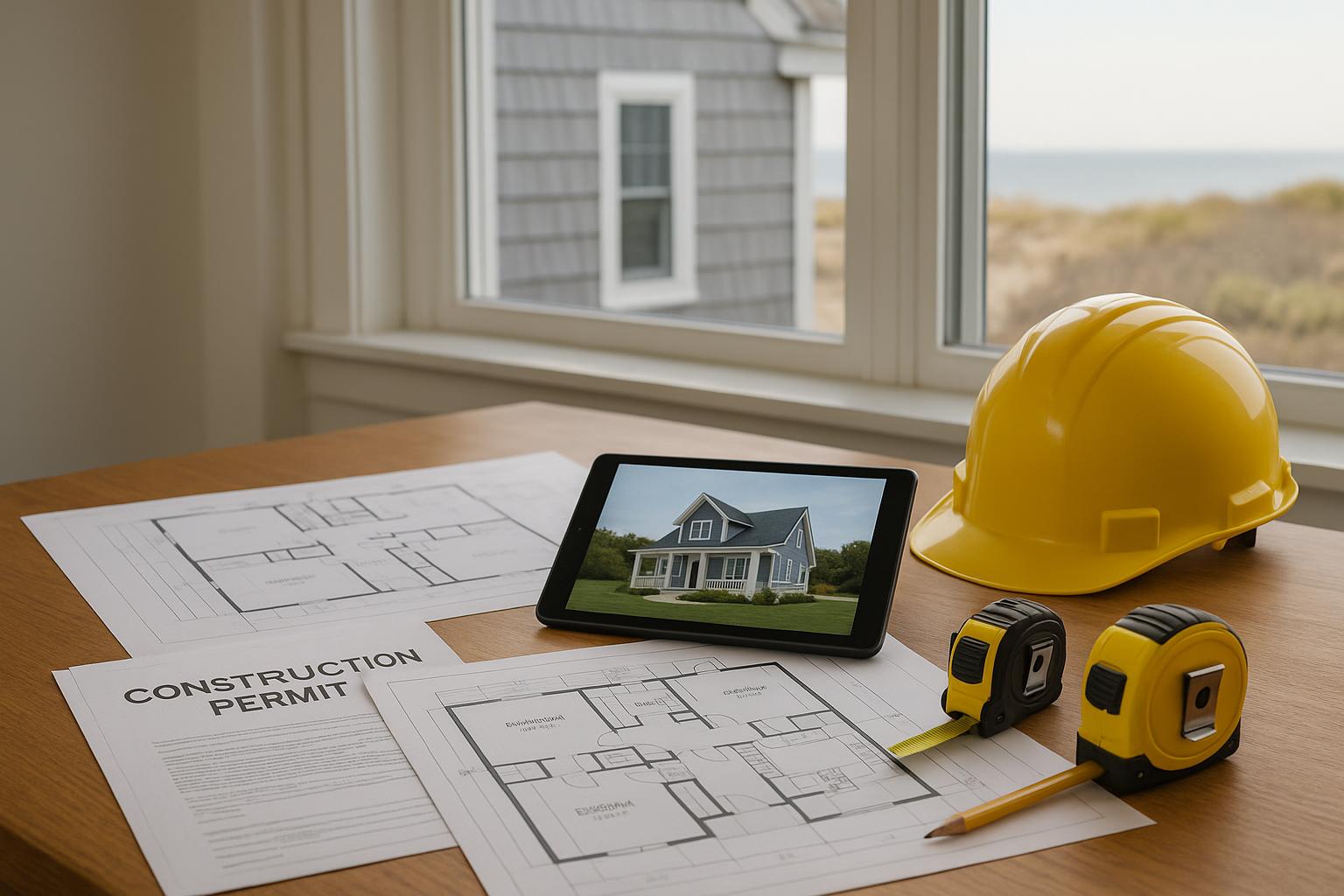 Stock photo of building blueprints, permits, a tablet with 3D home design, and construction tools on a table representing Cape Cod home remodeling planning in Yarmouth, Massachusetts.